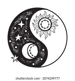 Chinese symbol of harmony Yin Yang with sun and moon. Hand drawn vector graphic sketch
