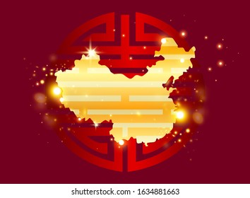 Chinese symbol of health and longevity. Vector clipart. Gold glitter on a red background.