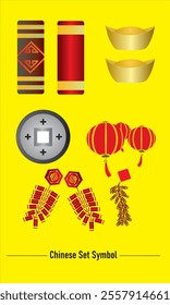 chinese symbol set, chinese element, firecrackers,lantern, chinese coin, traditional chinese currency, firecrackers of set, flat design