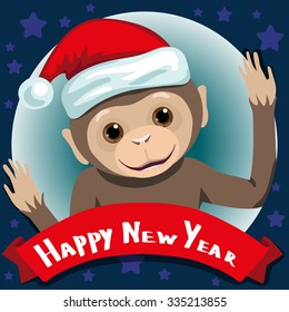 Chinese symbol of the year 2016  monkey with banner and frame on the stars background. Happy New Year lettering