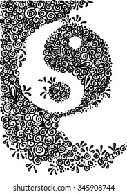 Chinese symbol yin yang vector doodle hand drawn illustration in black and white color