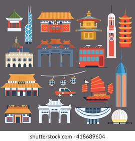 Chinese Symbolic Landmarks Collection In Simplified Flat Vector Colorful Design On Grey Background