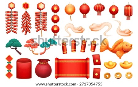 Chinese symbols collection. Vector isolated lanterns, fireworks and floating clouds, fish and golden coins, gold bars and scrolls, envelopes and hongbao bags. Pine trees and decorative elements set
