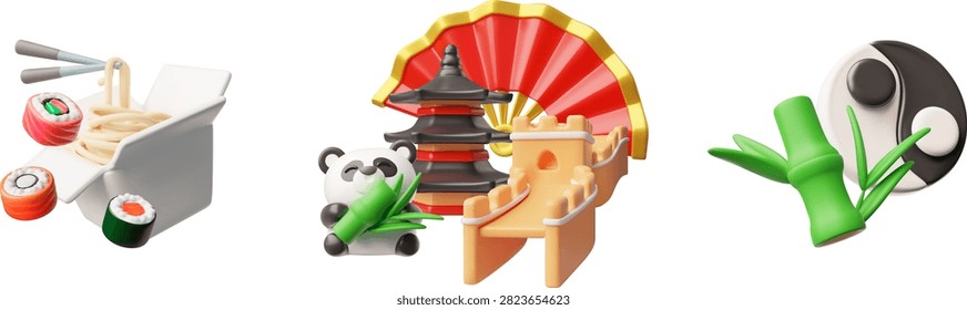 Chinese symbols compositions 3D plastic style vector set. The Great Wall of China, red hand fan, Yin yang, panda with bamboo, wok noodle and Sushi. World attraction oriental volume elements
