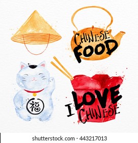 Chinese symbols hat, teapot, ping pong box, lucky cat drawing with drops and splash on watercolor paper background