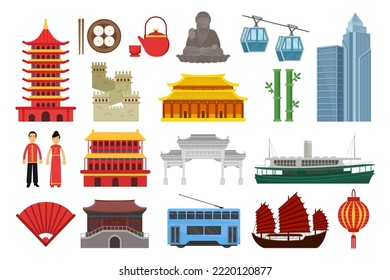 Chinese Symbols and Landmarks of China with Building and Transport Big Vector Set