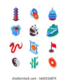 Chinese symbols - modern colorful isometric icons set. Culture and traditions of China ideas. Pagoda, Temple of Heaven, wok, panda, Great Wall, flag, gong, dragon, feng shui symbols. Traveling concept