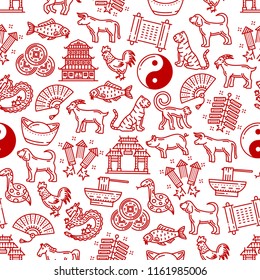 Chinese symbols pattern background of traditional celebration and lunar zodiac animal signs. Vector seamless Chinese New Year dragon fireworks, coins and noodles, temple lanterns and lucky carp fish