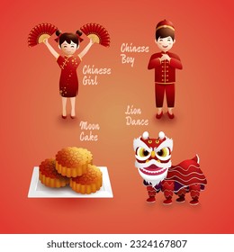 Chinese symbols tradition design illustration vector set with Chinese Girl.Chinese Boy.Moon Cake.Lion Dance 