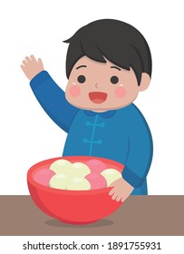 Chinese and Taiwanese festivals, Asian desserts made of glutinous rice: glutinous rice balls, cute cartoon characters and mascots, vector illustration