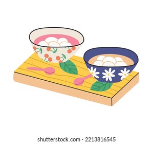 Chinese and Taiwanese festivals. Lantern Festival. Asian dessert made of glutinous rice balls. Vector flat illustration in cartoon style.