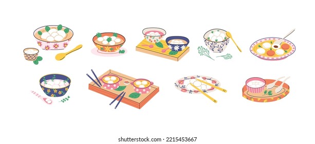 Chinese and Taiwanese festivals. Lantern Festival. Set of Asian desserts made of glutinous rice balls. Vector flat illustration in cartoon style.