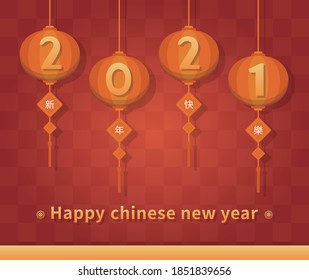 Chinese and Taiwanese Lunar New Year with lanterns, 2021, celebration card, cartoon comic vector illustration, subtitle translation: Happy New Year