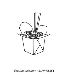 Chinese take away food. Japanese take away food in vector. Vermicelli in take away package with chopsticks doodle illustration. Hand drawn chinese food in takeaway package with chopsticks