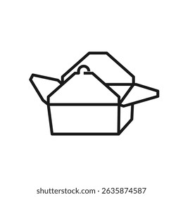Chinese takeaway food box icon in line style. Open disposable kraft paper container. Editable stroke. For restaurant branding, food delivery apps, Asian cuisine themes, menu. Isolated vector
