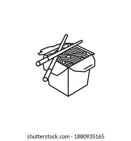 Chinese take-out Food box and chopsticks vector line icon for Chop Suey Day on August 29. Asian food outline symbol.