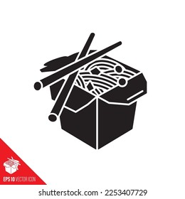 Chinese take-out Food box and chopsticks vector glyph icon. Asian food symbol.