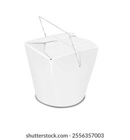Chinese takeout round bottom paper noodle box with metal wire handle. 3d mock-up. Blank white paperboard takeaway Asian food carry box. Realistic vector mockup. Wok container. Template for design