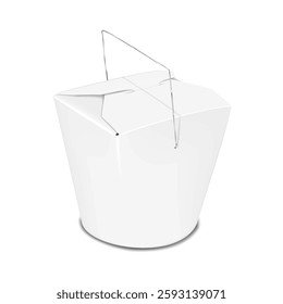 Chinese takeout round bottom paper noodle box with metal wire handle. 3d mock-up. Blank white paperboard takeaway Asian food carry box. Realistic vector mockup. Eco wok container. Template for design
