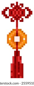 Chinese tassel or knot with red color and gold coin in it can be hang in the house on Chinese new year vector pixel art for element, icon, ornament 