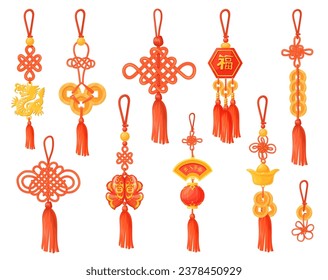 Chinese tassels. Traditional asian knot, red hanging tassel for festival celebration, lucky charms fortune gold oriental ornament koi firecracker elements, neat vector illustration