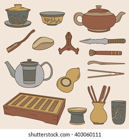 Chinese tea ceremony, hand drawn icons set. Big collection of decorative objects, illustration design. Background with elements vector