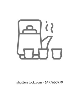 Chinese tea ceremony, kettle and cups line icon.