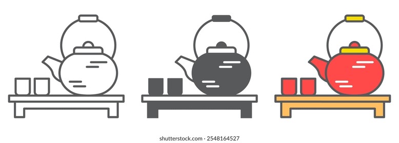 Icono chino de la línea de la ceremonia del té colección, café y cultura, conjunto de iconos de Vector de tetera japonesa, Vector gráfico, signo editable del contorno del trazo, eps 10.