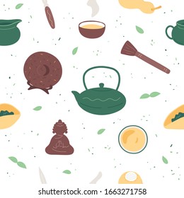 Chinese tea ceremony seamless pattern. Flat trendy hand drawn style. Various teaware for gong fu cha. Isolated on white background.