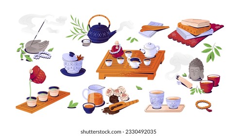 Chinese tea ceremony set. Asian traditional cups, bowls, pots and wooden trays, tables. Teapots, teacups, aroma sticks, towels and buddha. Flat vector illustrations isolated on white background