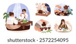 Chinese tea ceremony set. Happy people drink herbal beverage, brew leaves in gaiwan in China. Characters with Japanese cups of matcha, oolong. Flat isolated vector illustration on white background