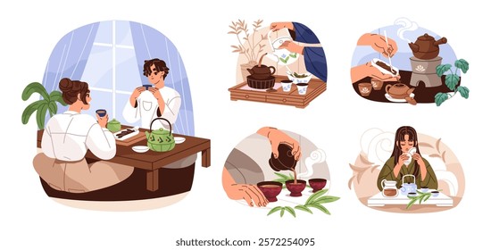 Chinese tea ceremony set. Happy people drink herbal beverage, brew leaves in gaiwan in China. Characters with Japanese cups of matcha, oolong. Flat isolated vector illustration on white background