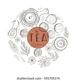 Chinese tea ceremony. Tea table background, top view. Sketch style illustration. Vector illustration.