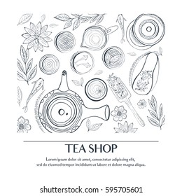 Chinese tea ceremony. Tea table background, top view. Sketch style illustration. Vector illustration.