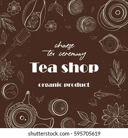 Chinese tea ceremony. Tea table background, top view. Sketch style illustration. Vector illustration.