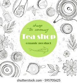 Chinese tea ceremony. Tea table background, top view. Sketch style illustration. Vector illustration.