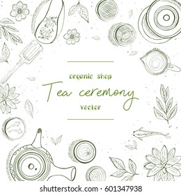 Chinese tea ceremony. Tea table background, top view. Sketch style illustration. Vector illustration.