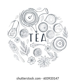 Chinese tea ceremony. Tea table background, top view. Sketch style illustration. Vector illustration.