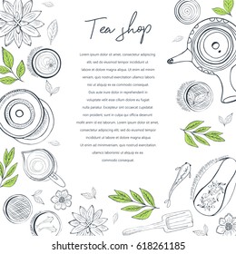 Chinese tea ceremony. Tea table background, top view. Sketch style illustration. Vector illustration.