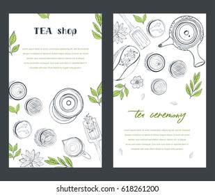 Chinese tea ceremony. Tea table background, top view. Sketch style illustration. Vector illustration.