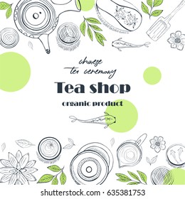 Chinese tea ceremony. Tea table background, top view. Sketch style illustration. Vector illustration.