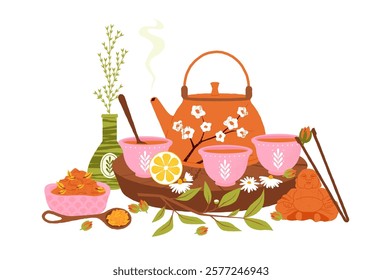 Chinese tea concept. Traditional tea ceremony with teapot and cups, hot beverage drink with leaves cartoon flat style. Vector illustration.