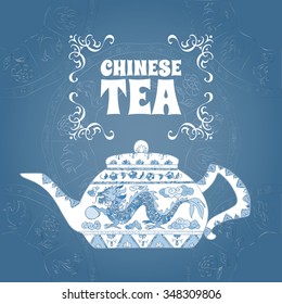 Chinese tea design featuring oriental ornament and hand drawn Chinese tea pot. Great for tea companies, menu design, cafe, bars, tea ads.