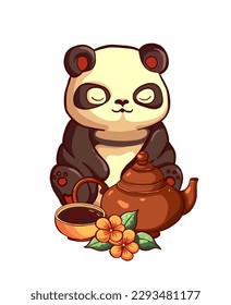 Chinese tea design -  kawaii panda bear with teapot, cup, flowers. Cute character eastern animal with China culture symbols. Asian vector cartoon illustration 