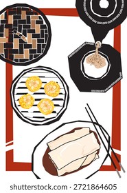 Chá chinês com dim sum no restaurante estilo chinês mostra a cultura de comida vetor vertical ilustração gráfico EPS 10
