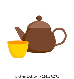 Icono plano de té chino. Ceremonia de té chino. Tetera y tazones de té verde aislados. Para la presentación de Año Nuevo chino. Ilustración vectorial.