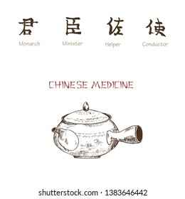 Chinese tea ink pen sketch on white background. Chinese medical tea kettle, plant and herbs. Vector illustration for traditional easten pharmacy and tea party