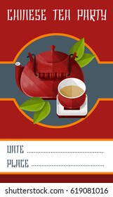 Chinese tea party invitation card template with red kettle and pialat on saucer vector illustration