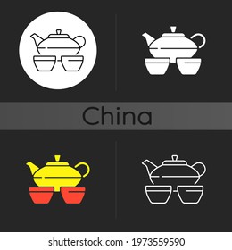 Chinese tea set dark theme icon. Kitchen utensils. Serving hot drink. Traditional chinese ceremony. Japanese culture. Linear white, simple glyph and RGB color styles. Isolated vector illustrations