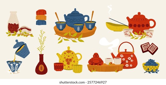 Chinese tea tradition. Tea ceremony with oriental traditional attributes, chinese culture tea time with teapot mug towel incense. Vector illustration.